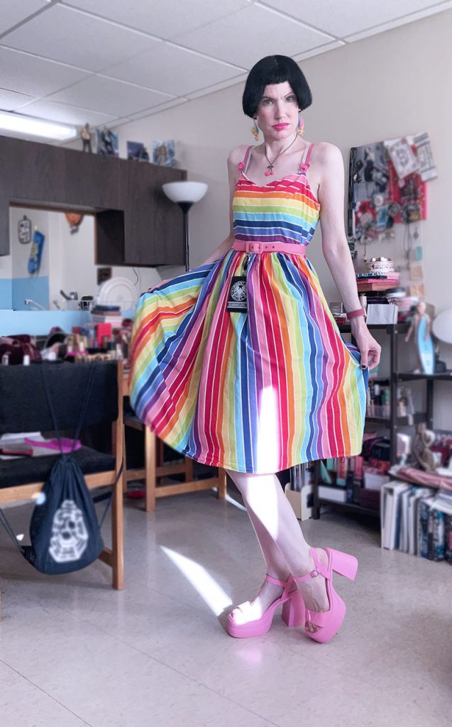 Me wearing a rainbow dress